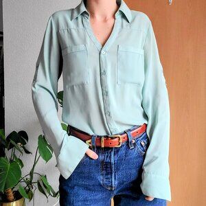 Express The Portofino Shirt Slim Fit Button Down Long Sleeve Top Sage Green-Blue